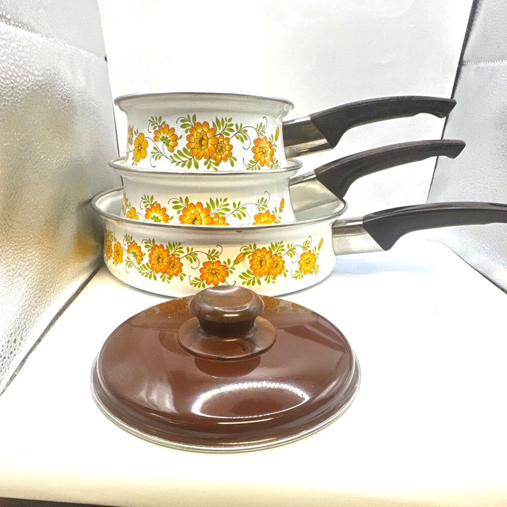 Vintage Enamel Floral 3-Pc Frying Pan Saucepan & Lid Set, Electric/Gas
